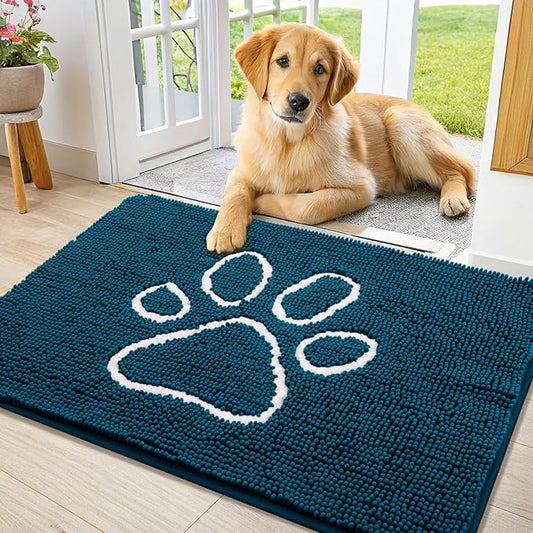Smiry Dog Door Mat for Muddy Paws, Absorbent Dirt Trapper Non Slip Quick Dry Washable Chenille Mat for Mud Dogs, Entry Rug for Indoor and Outdoor (36x24 Inches, Atlantic Blue)