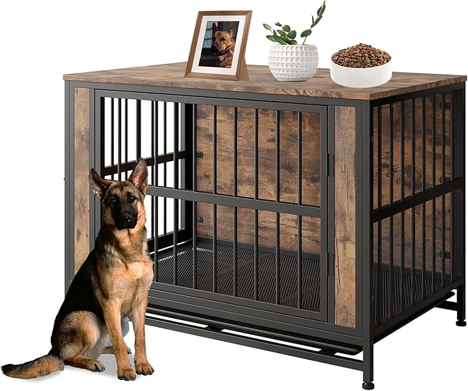 Rustic Large Dog Cage Furniture, Brown Wooden Dog Crate Kennel Furniture, Decorative Dog House Indoor End Table for Small Medium Large Dog
