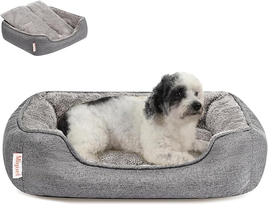 Miguel Faux Linen Dog Bed with Removable Cushion Pillow for Medium Small Dogs, Washable Pet Bed with Side Easy to Wash Puppy Bed, Rectangle Cat Bed for Indoor Cat with Anti-Slip Bottom, Gray 25 Inch