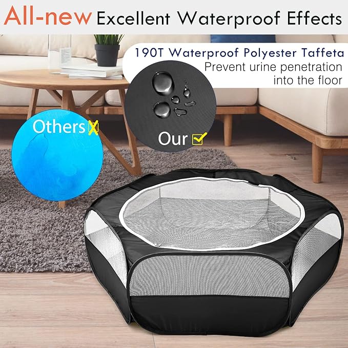 Pawaboo Small Animals Playpen, Waterproof Small Pet Cage Tent with Zippered Cover, Portable Outdoor Yard Fence with 3 Metal Rod for Kitten/Puppy/Guinea Pig/Rabbits/Hamster/Chinchillas, Black