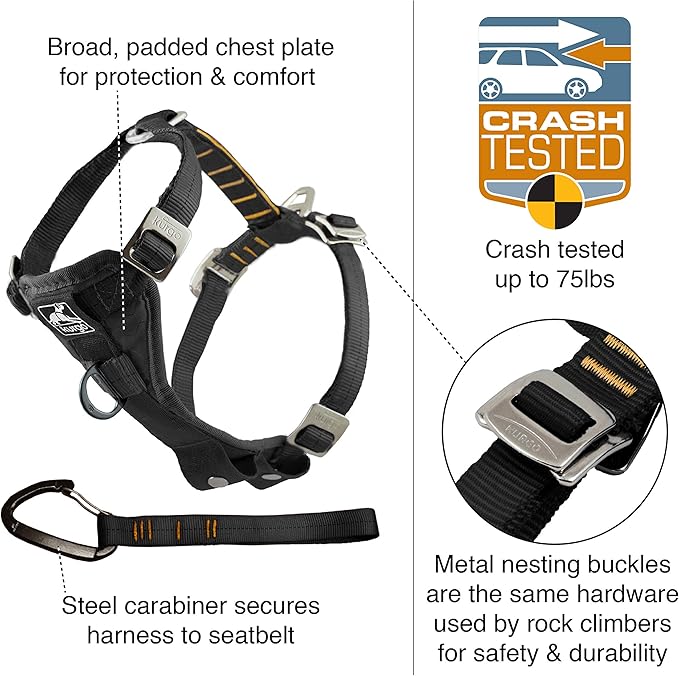 Kurgo Enhanced Strength Tru-Fit Dog Car Harness - Pet Travel Safety Harness - Crash Test Certified Fit - Five Point Adjustment - Secure Buckle - Padded Chest - Black - Large