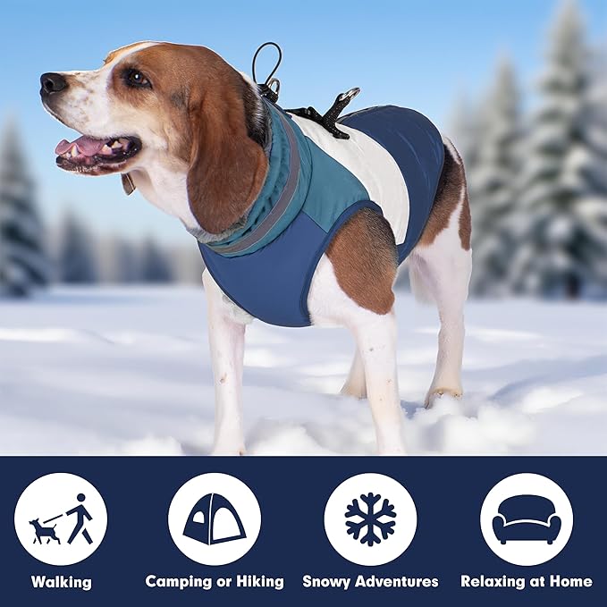 azuza Dog Jacket for Small Dogs Waterproof Dog Coat with Reflective Strips and Harness Built in Warm Fleece Dogs Winter Coat Windproof with Back Zipper, Navy L