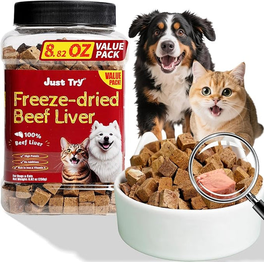 Just Try 8.82 oz Freeze Dried Beef Liver Raw Dog Treats & Cat Treats, Single Ingredient, Health Training Treats or Meal Food Topper, High Protein, Grain Free, Gluten Free, Rich in Iron & Vitamin A