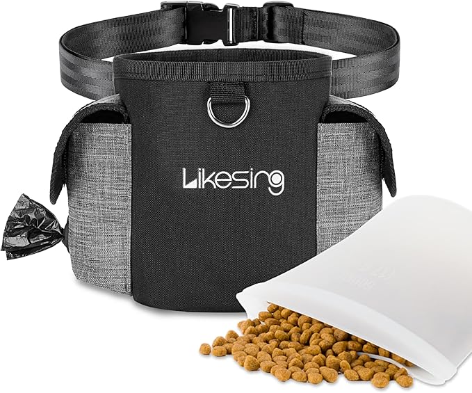 Dog Training Pouch with 2 Cup Silicone Bag, Dog Treat Pouches for Pet Training with Clicker, Adjustable Belt, Poop Bags roll, 2 Ways Wear, for Outdoor Walks, Training, and Travel