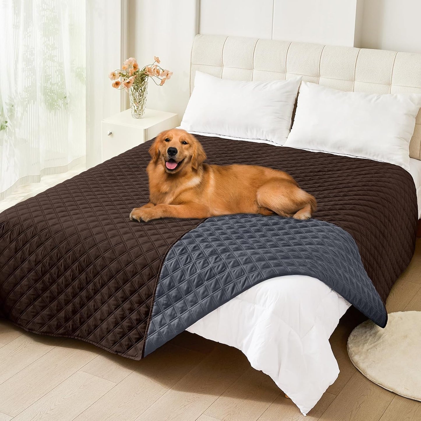 Smiry Waterproof Dog Bed Cover Pet Blanket, Soft Washable Dog Blanket for Furniture Bed Couch Sofa Reversible, Checkered (82"x120", Chocolate/Dark Grey)