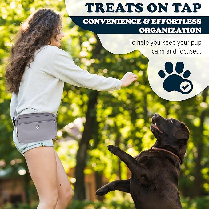 Puppington 3-in-1 Crossbody Dog Walking Bag & Treat Pouch with Matching Planet Safe Poop Bags & Built-In Dispenser - Zippered Pockets (Charcoal Gray)