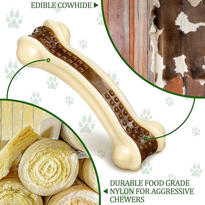 Sosation Bones Shaped Dog Toys for Aggressive Chewers, 2 Pack Dog Chew Toys Puppy Teething Nylon Beef Flavor for Large/Medium/Small Puppies Breeds(Curved Bone,Medium)