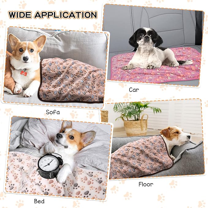 Rezutan Dog Blankets for Large Dogs, Upgraded 3 Pack Dogs Cat Blanket Washable 41" x 31", Soft Pet Throw Cover Suitable for Kennel Crate Bed, Cute Paw Pattern, White/Brown/Pink