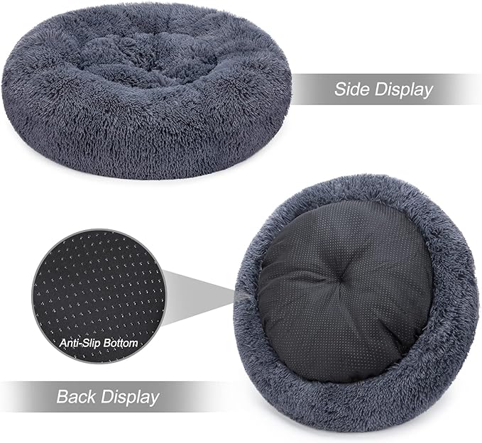 MIXJOY Calming Cat Beds for Indoor Cats, 20'' Kitten Donut Beds for Pet Up to 15lbs, Fluffy Small Cat Cuddler, Anti-Anxiety Plush Faux Fur Large Pet Bed Washable (20'', Grey-Blue)