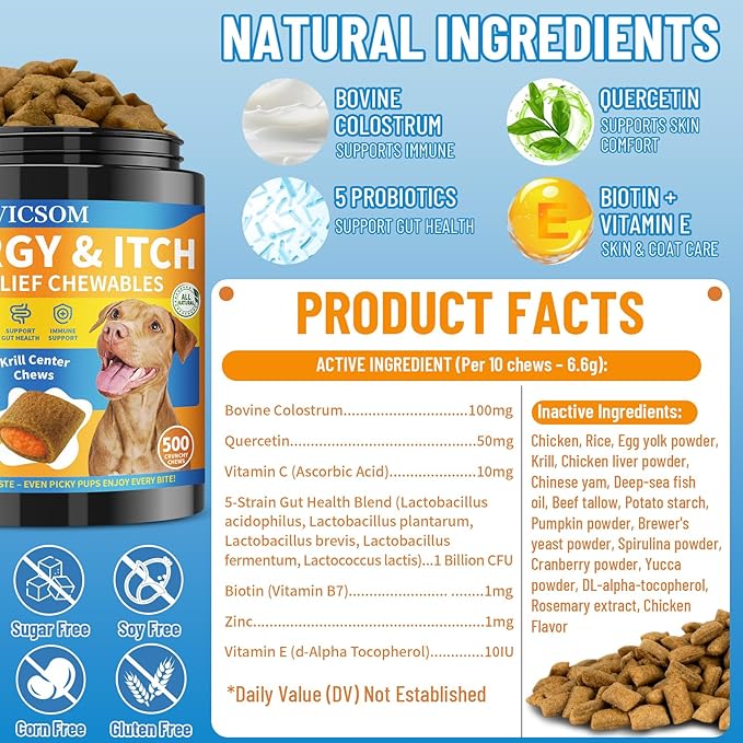 Dog Allergy Relief Chews, Dog Itching Skin Relief, 500 Crunchy Krill Center Seasonal Allergy Anti-Itch Chews, Itchy Ear & Paw Licking, Colostrum, Quercetin & Probiotics for Gut, Immune, Skin & Coat