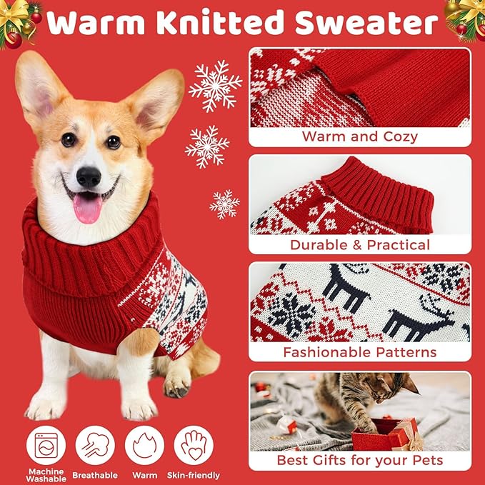 Christmas Dog Sweaters for Small Large Dogs Girl, Soft Warm Pup Dogs Shirt, Turtleneck Dog Sweaters for Medium Large Dogs, Double Knitting Collar for Outdoors Playing, Warm Dog Cat Clothes (Deer, XXS)