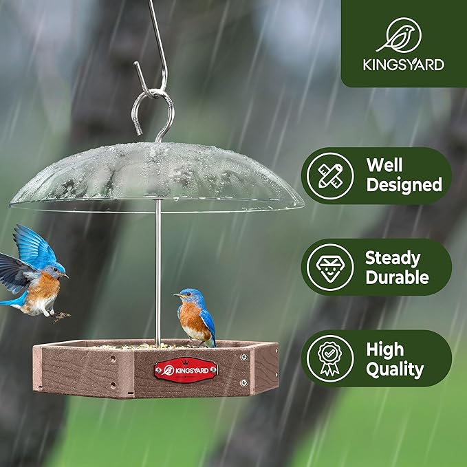 Kingsyard Large Platform Bird Feeder Outdoor Hanging, Adjustable Dome Squirrel Proof Rain Cover, Metal Mesh Tray Recycled Plastic Wild Bird Seed Feeding Station, Brown