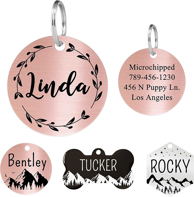 Ultra Joys Stainless Steel Pet ID Tag Dog Name Tags Personalized Front and Back Engraving, Customized Dog Tags and Cat Tags, Optional Engraved on Both Sides, Round Tag Vine Design, Rose Small