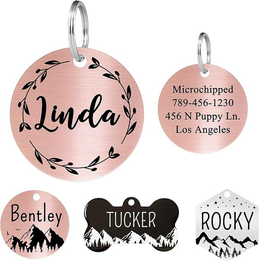 Ultra Joys Stainless Steel Pet ID Tag Dog Name Tags Personalized Front and Back Engraving, Customized Dog Tags and Cat Tags, Optional Engraved on Both Sides, Round Tag Vine Design, Rose Small