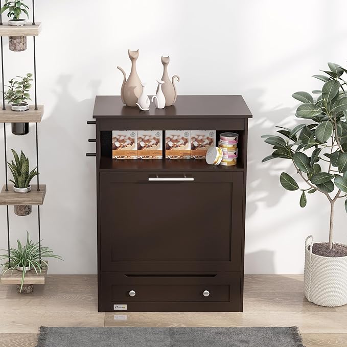 PawHut Dog Feeding Station with Storage, Pet Feeder Cabinet Container with Raised Bowls and Hanger for Feeding & Watering Supplies, Dog Food Organizer, Brown