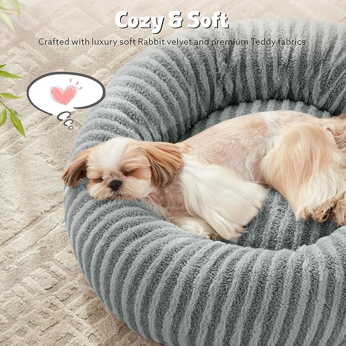 MIXJOY Calming Dog Beds Large Sized Dogs - Washable Donut Large Dog Bed with Removable Zipper Cover, Round Fluffy Plush Faux Fur Pet Bed with Anti-Slip Bottom, 36"x36"x10", Grey