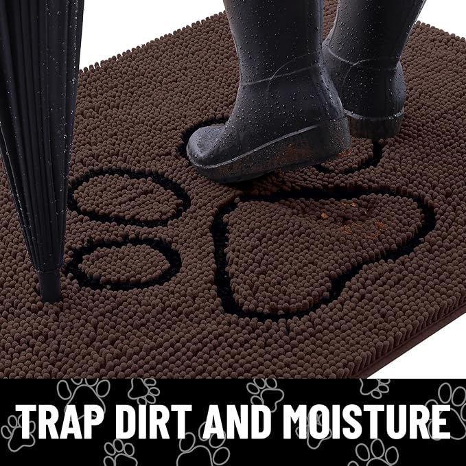 Smiry Dog Door Mat for Muddy Paws, Absorbent Dirt Trapper Non Slip Quick Dry Washable Chenille Mat for Mud Dogs, Entry Rug for Indoor and Outdoor (40x32 Inches, Brown and Black)