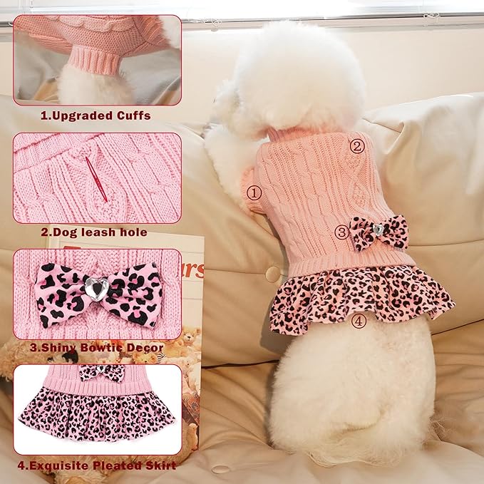 WOYYHO Girl Dog Sweater Dress with Bowtie Turtleneck Small Dogs Sweater with Leash Hole, Knitted Small Dog Sweaters Dress Puppy Winter Clothes for Yorkies Chihuahua (Large, Pink Leopard)