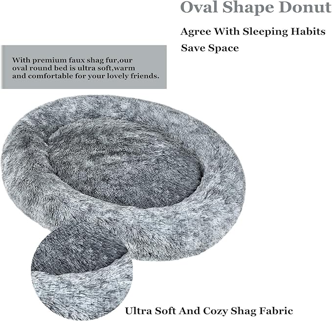 Coohom Oval Calming Donut Cuddler Dog Bed,Shag Faux Fur Cat Bed Washable Round Pillow Pet Bed(30"/36"/43") for Small Medium Dogs (XL(36"x27"x7"), Grey)