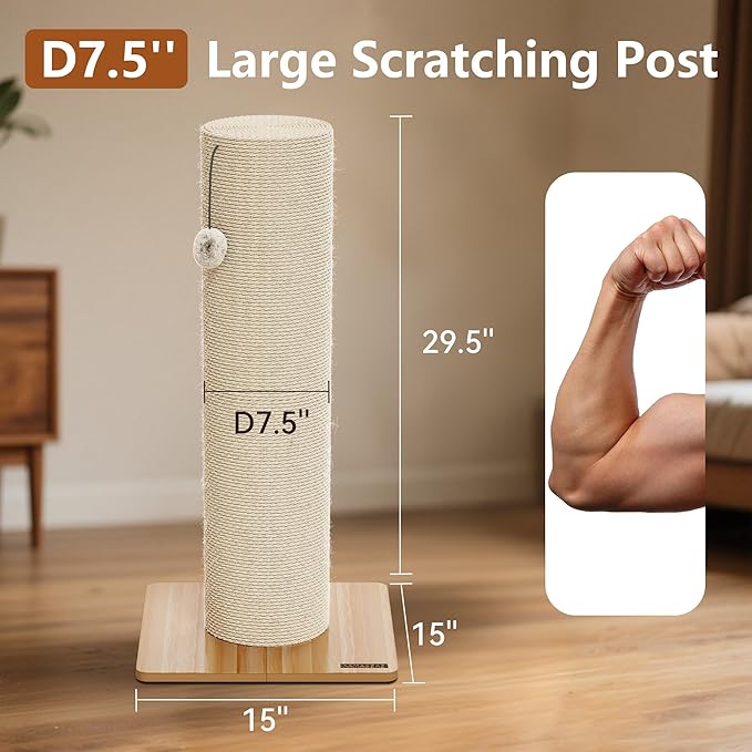 KAMABOKO 29.5" Cat Scratching Post, 7.5" Ultra-Large Diameter Natural Sisal Cat Scratch Post, Scratch-Resistant Tall Cat Scratcher for Indoor Cats, Protect Your Furniture, Beige, Pack of 1