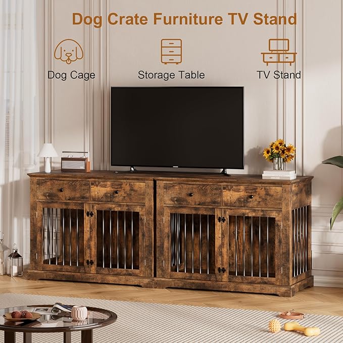 PUKAMI 44inch Dog Crate Furniture with Drawers,Wooden Dog Kennel Furniture for Large Breed,End Table Wood Dog House for Indoor use, for Small/Medium/Large Dog (Brown)