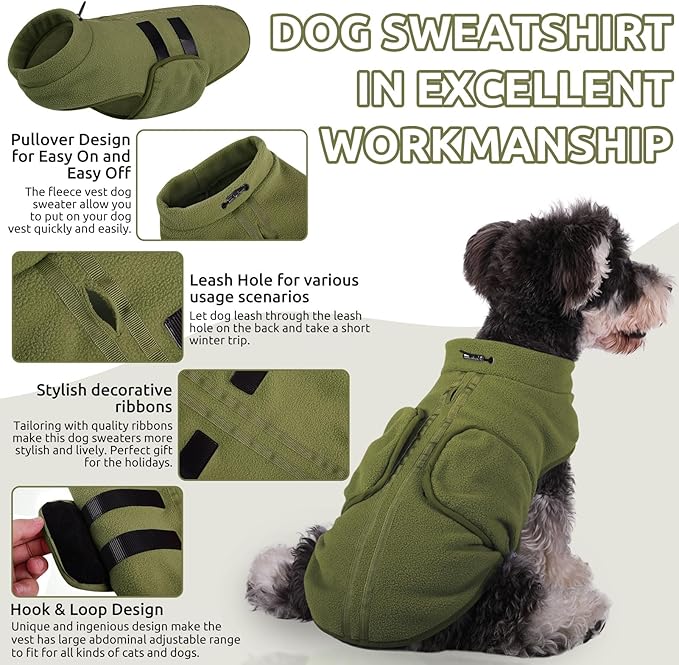 Queenmore XL Dog Sweaters, Soft Fleece Vest Pullover Dog Jacket with Leash Hole, Warm Winter Dogs Clothes Cold Weather Doggy Dachshund Sweater for Large Dogs Cats Boy or Girl (Army Green, XL)