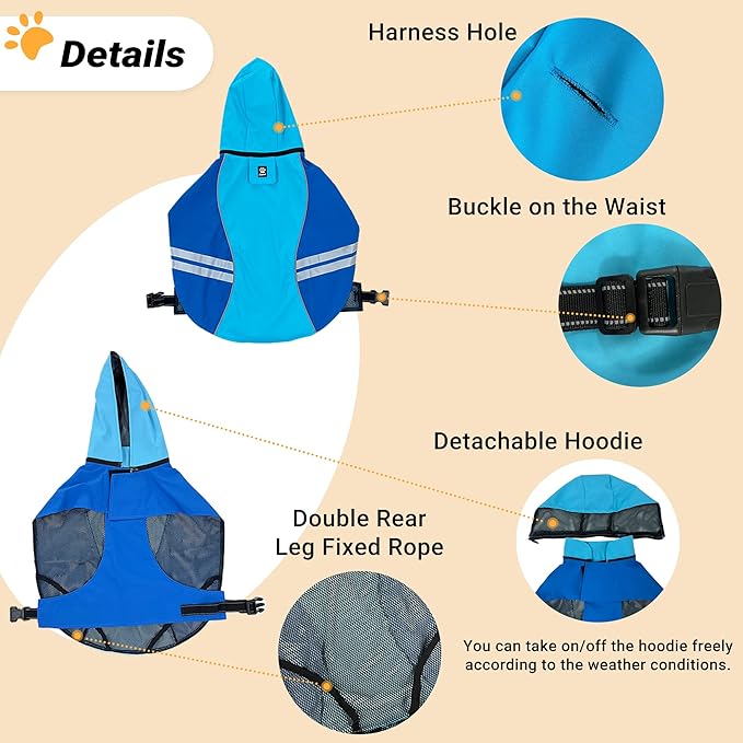Dog Raincoat for Medium Large Extra Large Dogs, Waterproof Rain Jacket with Reflective Strap, Lightweight Hoodies Full-Body Coverage Dry Clothes (2XL, Blue)
