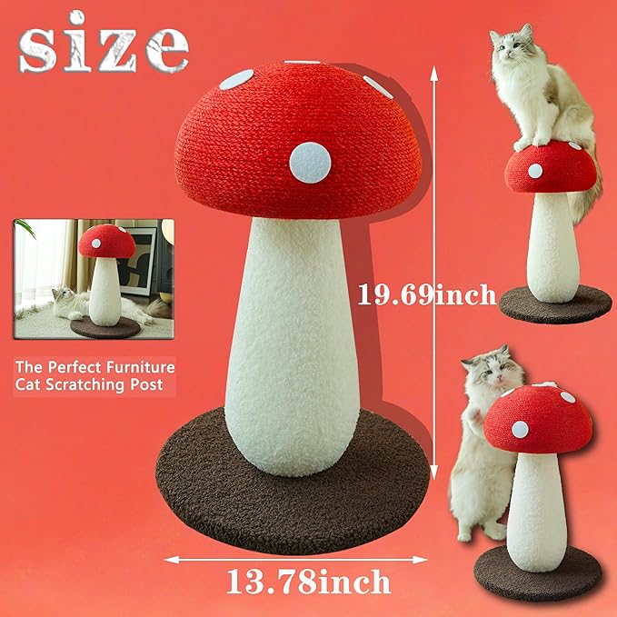 Mushroom Cat Scratcher, Cute Cat Scratching Post, Durable Sisal Rope Cat Scratching Board, Kitten Tree, Cat Toy for Cats to Play and Care for Their Claws, No Assembly Required (Red, Big, 7)