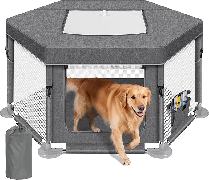 43"x43"x25" Dog Playpen, Pet Playpen for Small Dogs/Puppies & Cats, Puppy Playpen with Gate, Indoor & Outdoor Heavy-Duty Dog Fence with Thickened Fabric & Stainless Steel Pipes