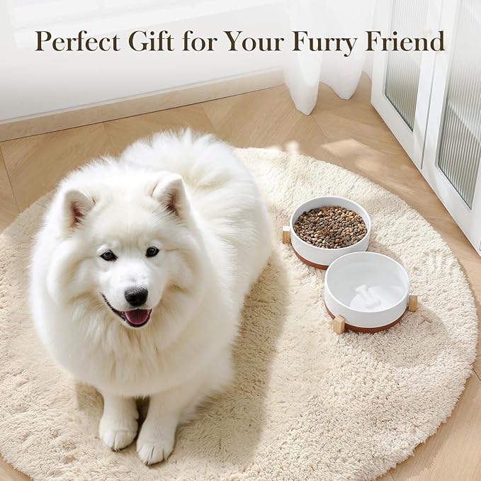 MALACASA Dog Bowls, Ceramic Dogs Bowls with Wood Stand Non-Slip, 6 Cups or 58 oz Capacity Dog Water Food Bowl Glaze Matte Weighted Non-Slip Pet Bowl for Large Dogs (L-6 Cups)