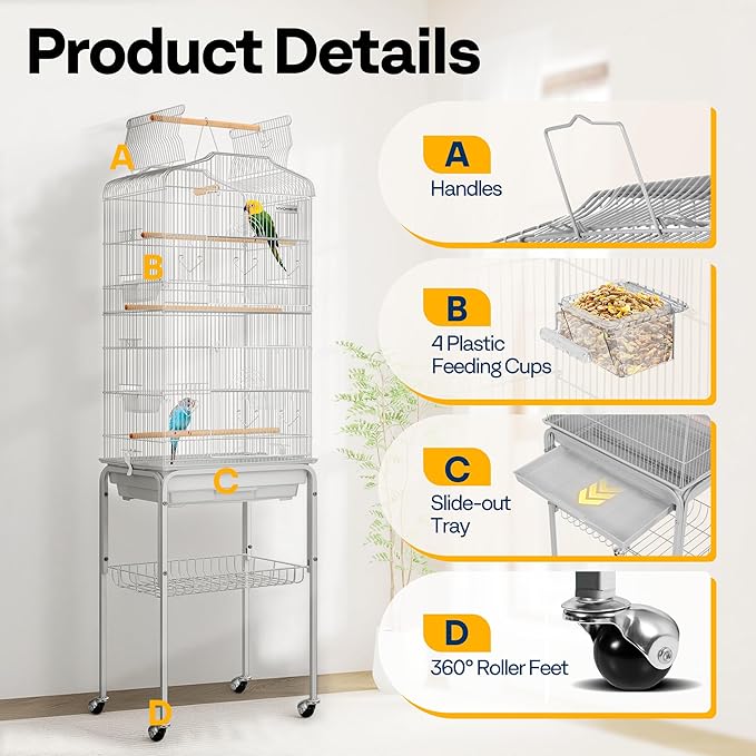 VIVOHOME 64 Inch Bird Cage with Play Top and Rolling Stand for Parrots Conures Lovebird Cockatiel Parakeets Gray