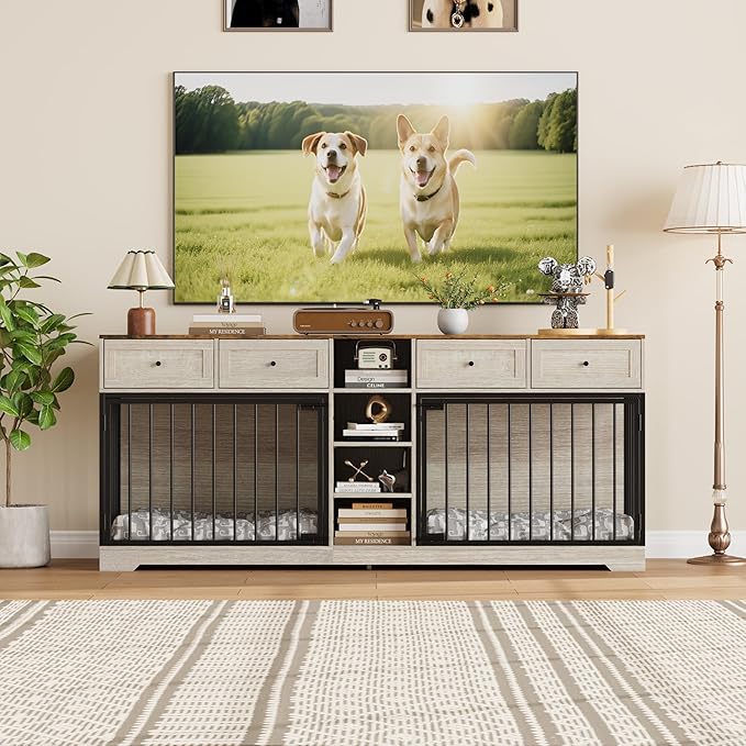 GarveeHome 82" Double Dog Crate Furniture, Large Dog Kennel Indoor for 2 Dogs, Heavy Duty Wooden Dog Crate TV Stand with 4 Drawers and Shelves, Washed White