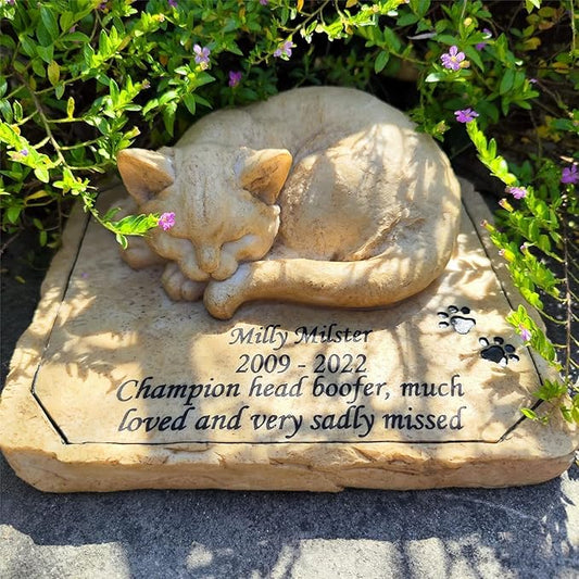Custom Pet Grave Markers Garden Stones, Personalized Cat Memorial Statue with Sleeping Cat, Customizable Headstone Outdoor Memorial Gifts