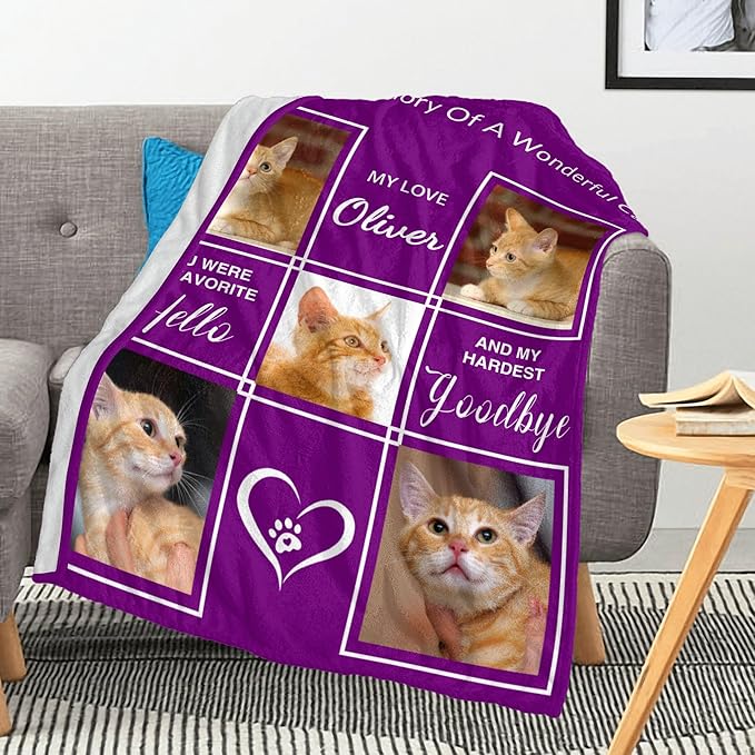 Customized Blanket with Photos Name, Personalized Blanket with Picture in Memory of Cats, Pet Memorial Gifts for Cats, Bereavement Sympathy Gift for Pet Lovers