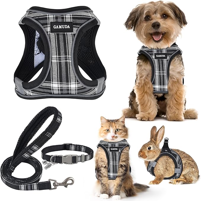 GAMUDA Small Dog Harness Collar and Leash Set, Step in No Chock No Pull Soft Mesh Adjustable Dog Vest Harnesses Plaid Reflective for Dogs Puppy Cats Kitten Rabbit (Black, XXXS)