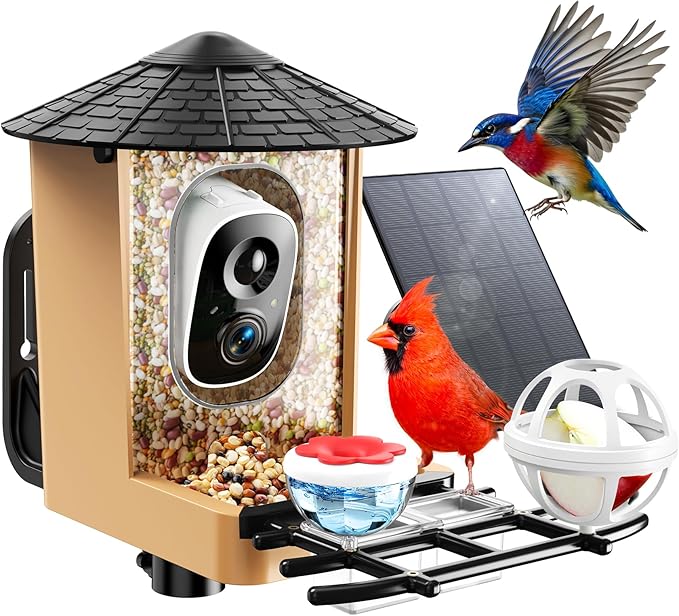 Smart Bird Feeder with Camera with AI Identify Birds Species & Solar Panel, WiFi Birdfeeder with Cam, 2K Live View, Chew-Proof & Waterproof Design, Real-Time App Alerts, Gift for Bird Lovers, Black