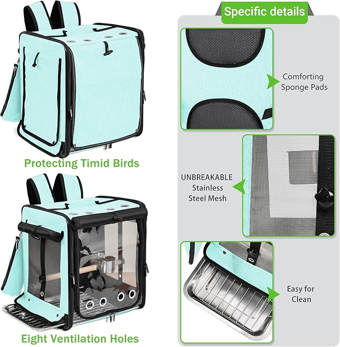 Sanmoncare Bird Carrier for Car Travel with Seat Belt, Indestructible Stainless Steel Mesh Parrot Backpack Travel Cage