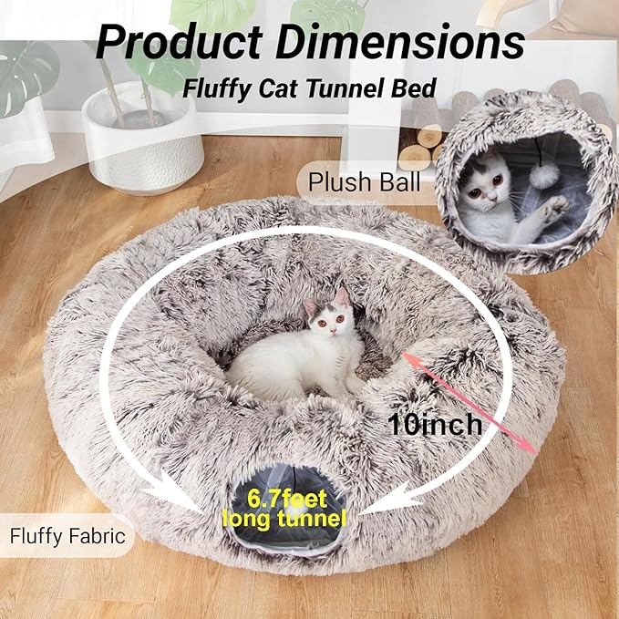LUCKITTY Warm Fluffy Plush Cat Dog Tunnel Bed with Washable Cushion-Big Tube Playground Toys 3 FT Diameter Longer Crinkle Collapsible 3 Way, for Indoor Cat Kitty Kitten Puppy Rabbit Ferret Brown