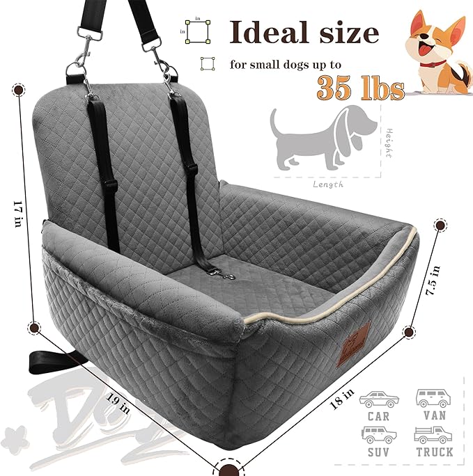 Dog Car Seat Bed 2 in 1 for Small/Medium Dogs up to 35 lbs,Adjustable Safety Leashes,Memory Foam with Soft Fabric Pets Travel Car Bed,Easily Installed in Front and Back seat,Removable and Washable.
