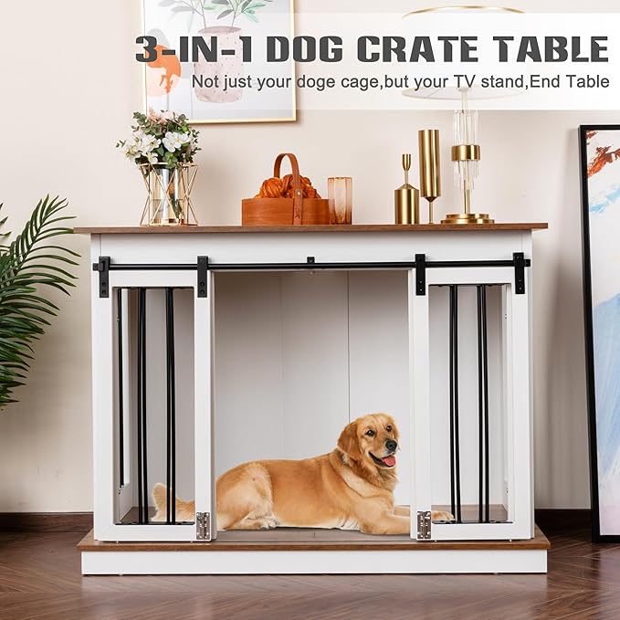 Sunseen Dog Crate Furniture with Divider,Wooden Dog Kennel End Table,Large Breed Dog House Indoor for One Large Dog or Two Small Dogs,Double Doors,47''W*24''D*35''H,White