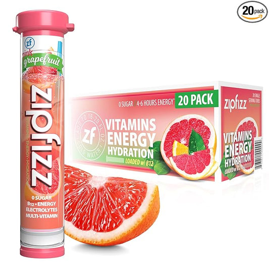 Zipfizz Daily Energy Drink Powder, Pink Grapefruit, 20 Pack | 3-in-1 Sustained Energy, Rapid Hydration, and Essential Vitamins | Sugar-Free | Electrolyte Powder | Contains Vitamin B-12 & Antioxidants