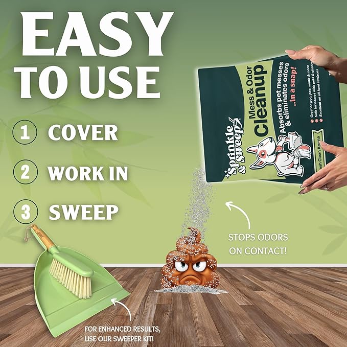 Sprinkle & Sweep Pet Accident Cleanup for all Hard Surface - Non Toxic Quick Pet Mess Cleaner & Odor Remover for Urine, Poop, Vomit, Diarrhea & Potty Training, Hair Balls (1Bag + Sweeper Kit)