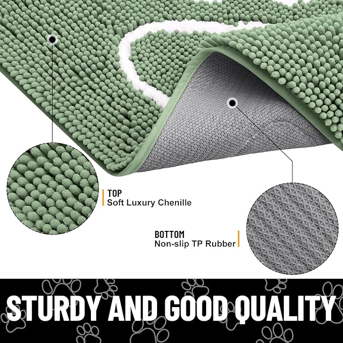 Smiry Dog Door Mat for Muddy Paws, Absorbent Dirt Trapper Non Slip Quick Dry Washable Chenille Mat for Mud Dogs, Entry Rug for Indoor and Outdoor (40x32 Inches, Olive Green and White)