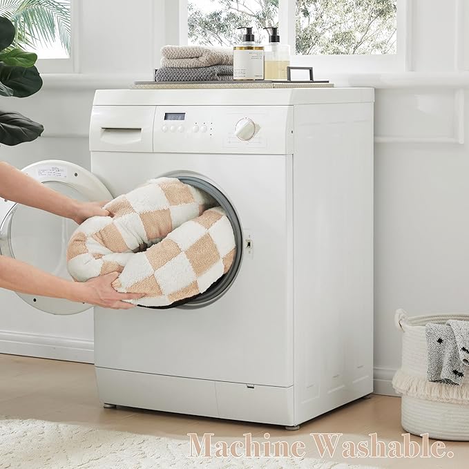 Checkered Cat Dog Bed, Cute Beige Khaki Retro Style Aesthetic Round Warming Pet Calming Beds for Small Dog and Cats, Plush Cozy Donut Beds Washable, 23" L x 23" W x 8" Th