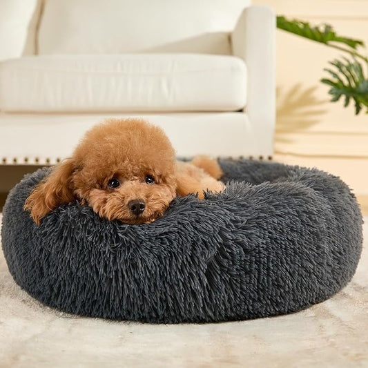 Dog Calming Beds for Small Medium Large Dogs - Round Donut Washable Puppy Dog Bed, Anti-Slip Faux Fur Fluffy Donut Cuddle Anxiety Cat Pet Bed(24" Dark Grey)