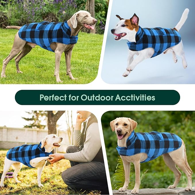 Kuoser Dog Winter Coat, Windproof Dog Fleece Jacket British Style Plaid Cold Weather Doggie Vest Coats, Reversible Cozy Warm Pet Clothes Apparel for Medium Dogs M