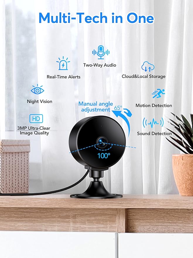 Security Camera Indoor 2K 3MP, Pet & Baby Monitor WiFi Camera with Motion & Sound Detection, Real-Time Alert, Two-Way Audio, Works with Alexa & Google Assistant, Supports 256G SD&Cloud, 2.4GHz