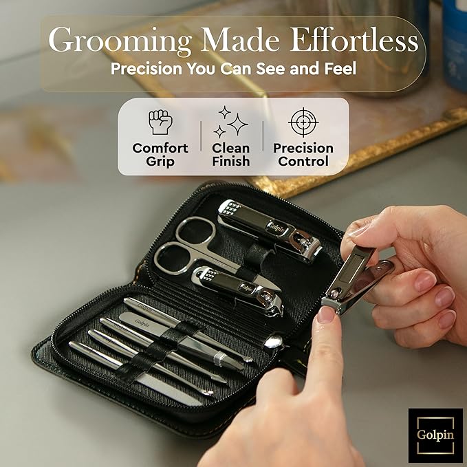 9 Pcs Manicure Kit for Men & Women – Stainless Steel Tools with Travel Nail Kit Case, Nail Clippers, Cuticle Pusher, File, Gift Ready Women & Mens Manicure Set (Black)