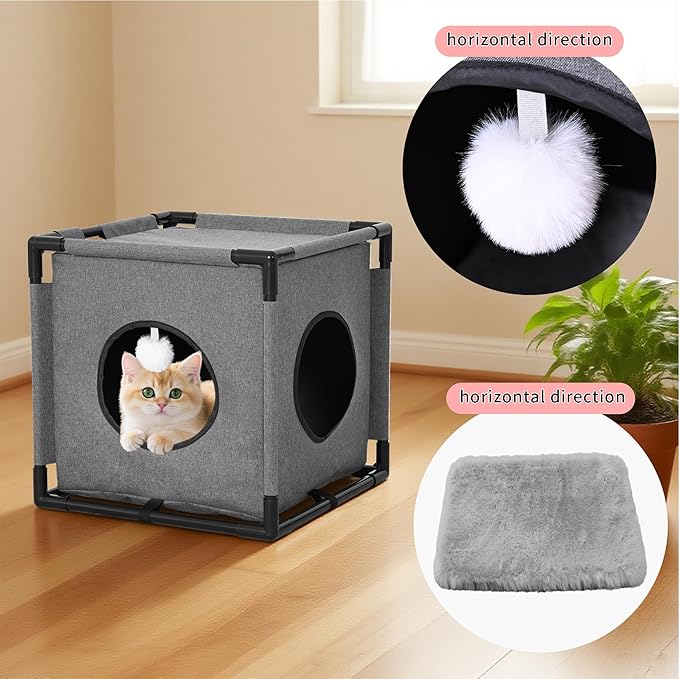 Cat Beds for Indoor Cats - Cat Hideaway，Muti-Functional Cat Cave Bed with Soft Velvet Pad and Fluffy Ball，Elevated Cat House for Multiple Cats，Grey