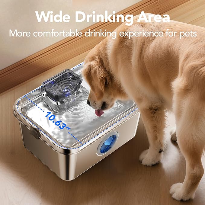 Dog Water Fountain, 3 Gallons Stainless Steel Dog & Cat Water Fountain, Large Pet Water Fountain for Multiple Pets, Ultra Silent, Wide Tray, Safety Lock, 3 Filters Included, Smart Water Pump